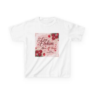 kids tee — "love elohim above all things" floral christian shirt (back: blessed)