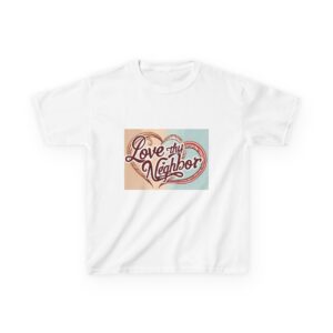 kids tee — "love thy neighbor" heart retro graphic (church/community)