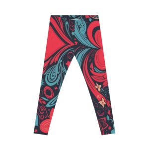 abstract floral swirl leggings — vibrant red & teal all over print